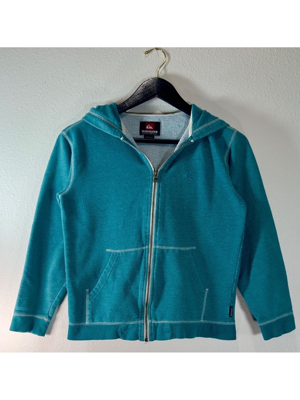 Quiksilver Boys M 12-14 Teal Full Zip Hoodie Sweatshirt Surf Skate Logo